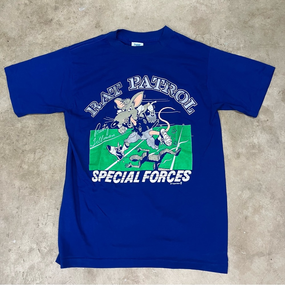 VTG 80s Seattle Seahawks Rusty Tillman T Shirt Tee Blue Tag Large (Fits Medium)